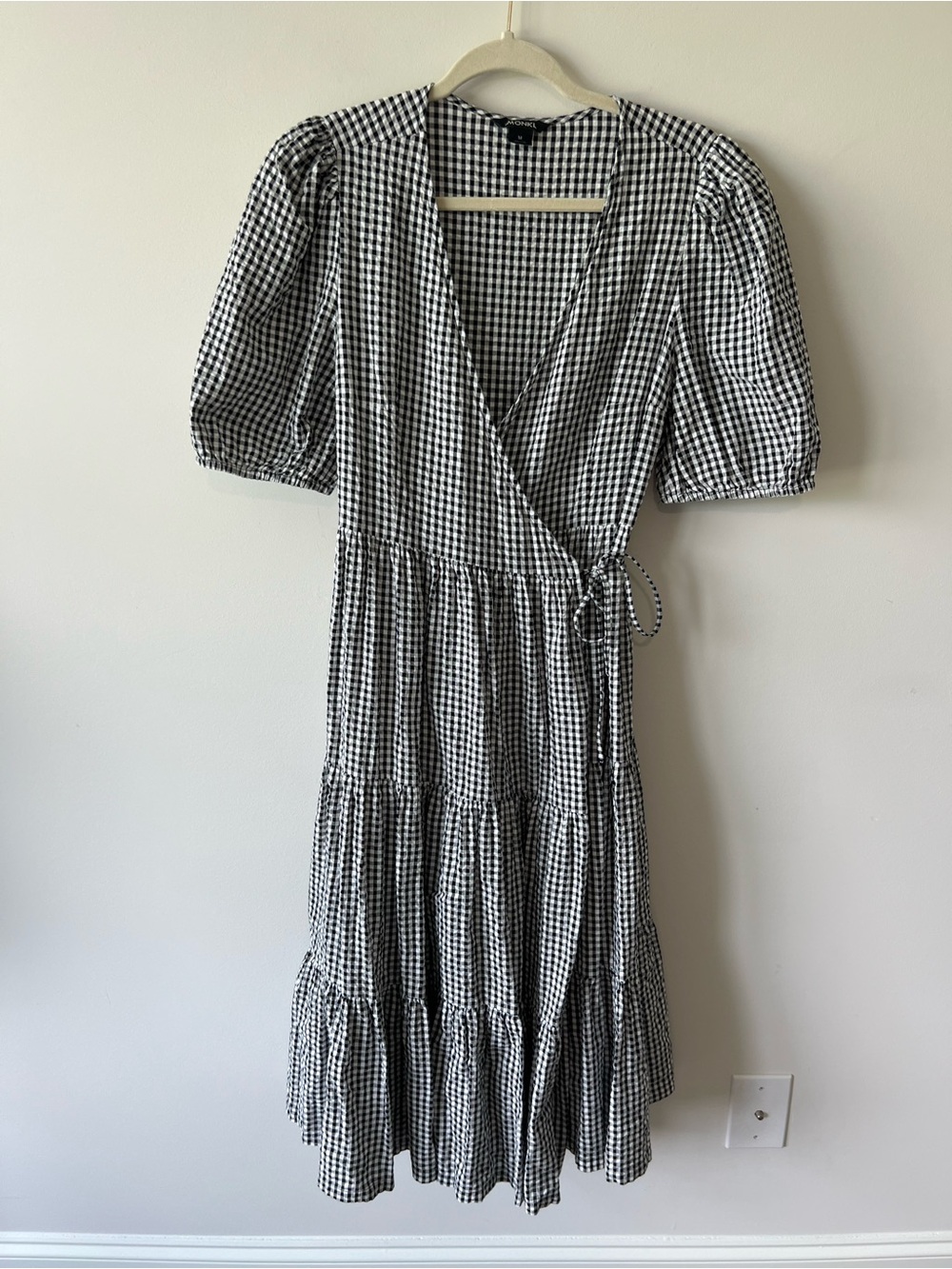 Black & White Gingham Tie-Waist Wrap Midi Dress Puff Sleeves 100% Cotton